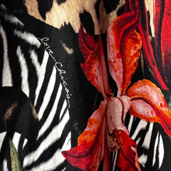 Chico's Sz 2 (L) Women's Knit Top Blouse Long Sleeve Multicolor Floral/Animal - Picture 7 of 9